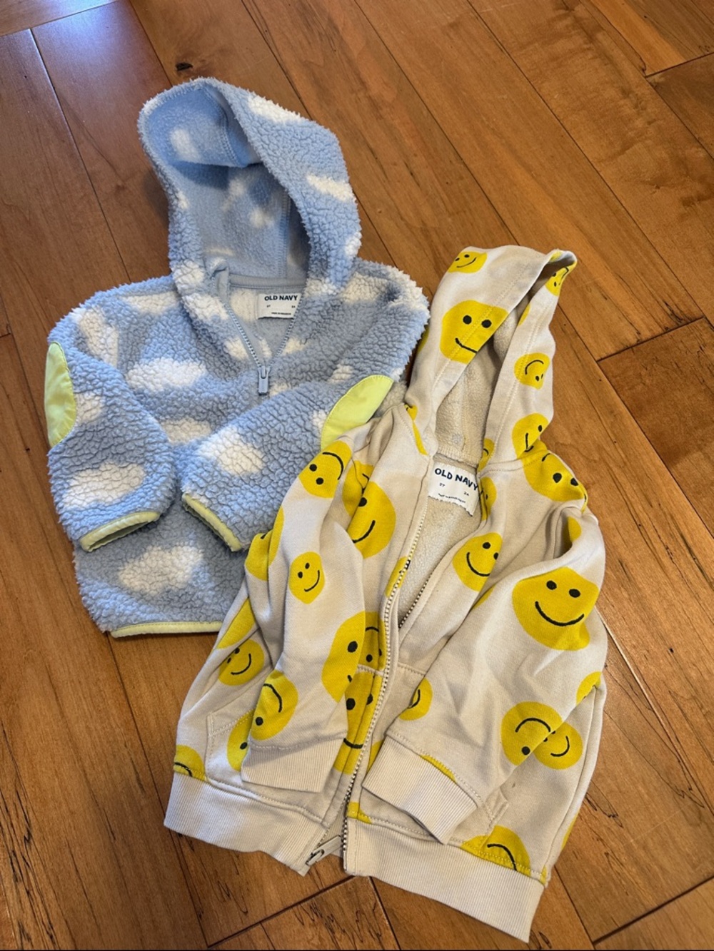 Old Navy Blue Cloud Sherpa Hoodie & Cream Yellow Smiley Zip Hoodie